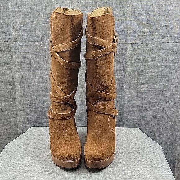 Michael Kors Tall Brown Suede Leather Strappy Wedge Heeled Slouch Boots SZ  6.5 - Picture 3 of 13